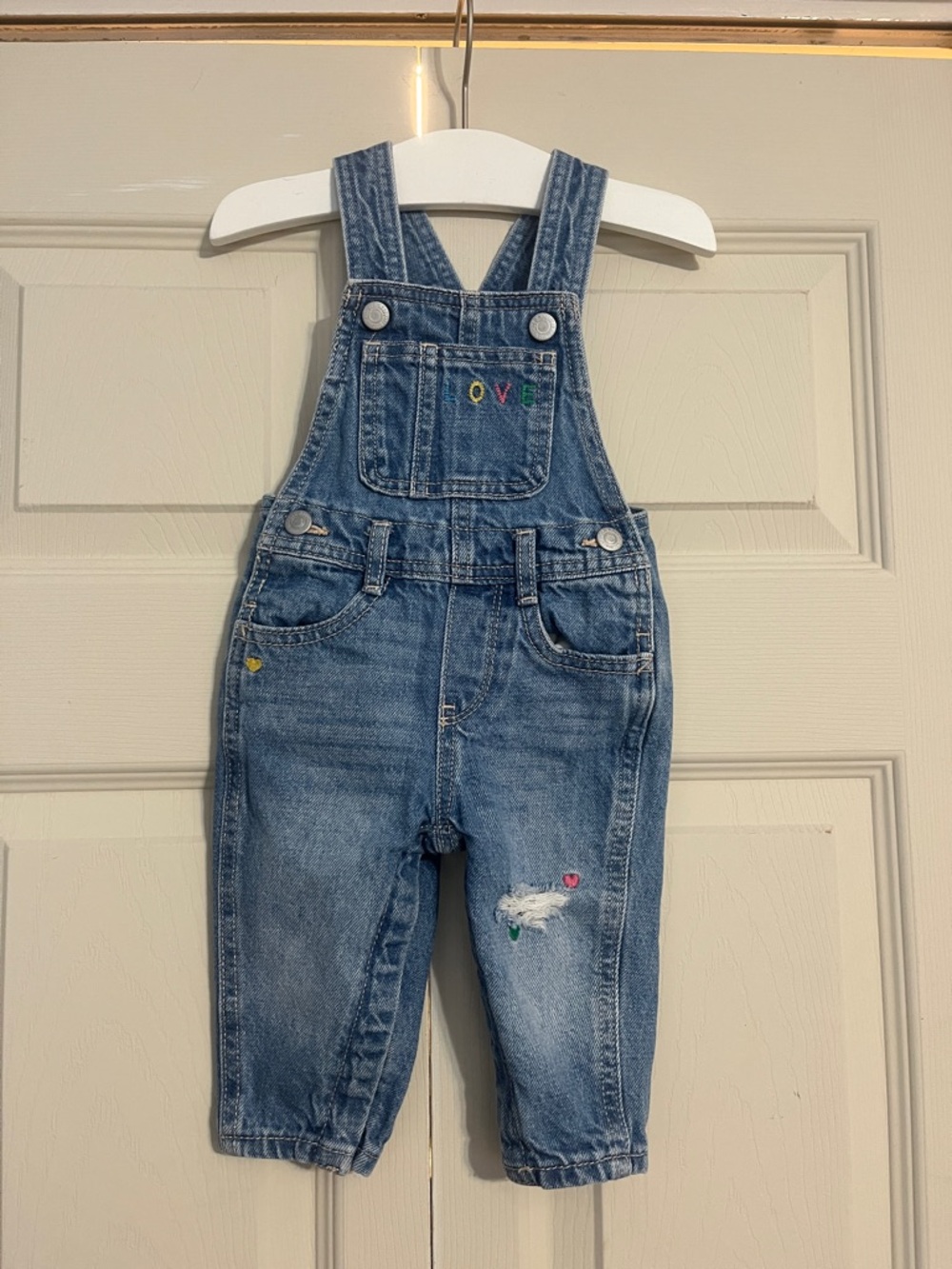 Old Navy Blue Denim Overalls with Rainbow 'LOVE' Stitching